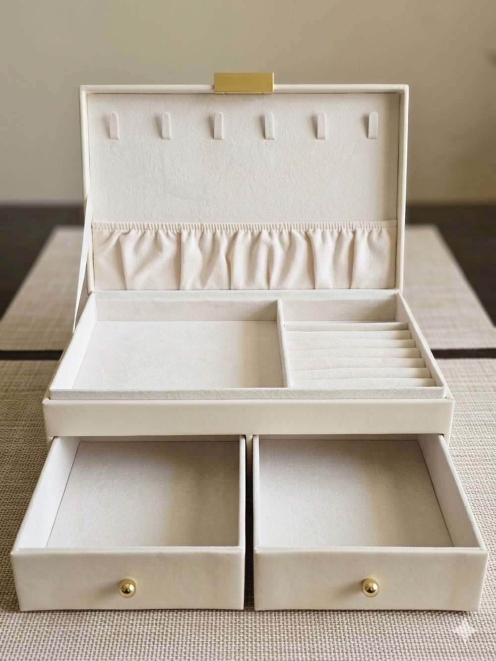 Elegant Cream Jewelry Organizer Box with Ring & Drawer Storage